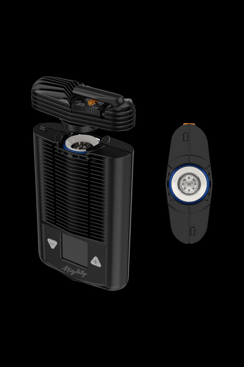 Front view of the Storz & Bickel Mighty Portable Vaporizer, a black handheld device with a digital display.