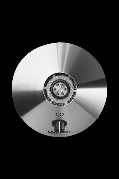 Front view of the silver Storz & Bickel Volcano Classic Vaporizer, showcasing its rounded metallic form and central control knob.