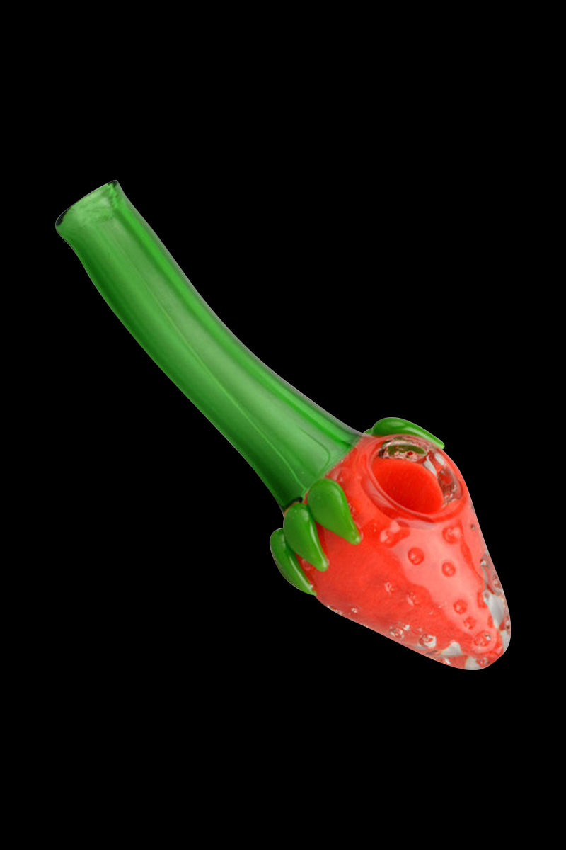 Front view of the Roast & Toast Strawberry Mini Pipe, a red glass pipe shaped like a strawberry with a green stem.