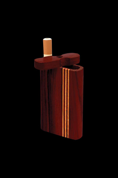 Angled close-up of a Striped Dark Wood Dugout showing its dark wood grain, three lighter vertical stripes, and open top against a black background.