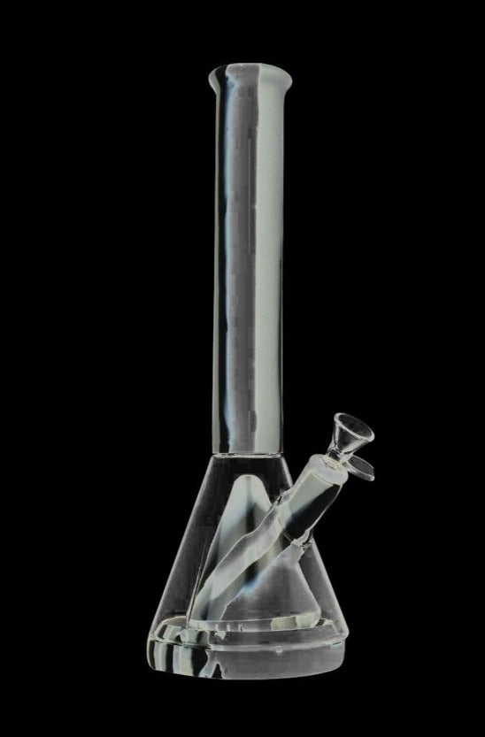 Front view of the Showerhead Pyramid Perc Striped Silicone & Glass Water Pipe, showcasing its clear glass construction and pyramid shape.