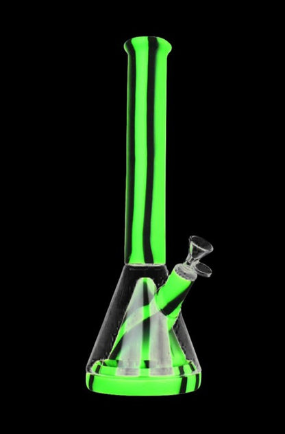 Front view of the Showerhead Pyramid Perc Striped Silicone & Glass Water Pipe, showcasing its striped pattern and pyramid shape against a black backdrop.