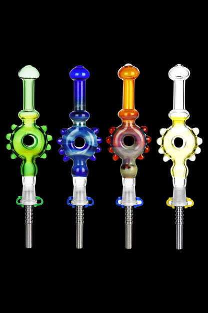 A front view of the Studded Donut Dab Straw - D'Oh!, showing a clear glass straw with a studded detail and simple joint.