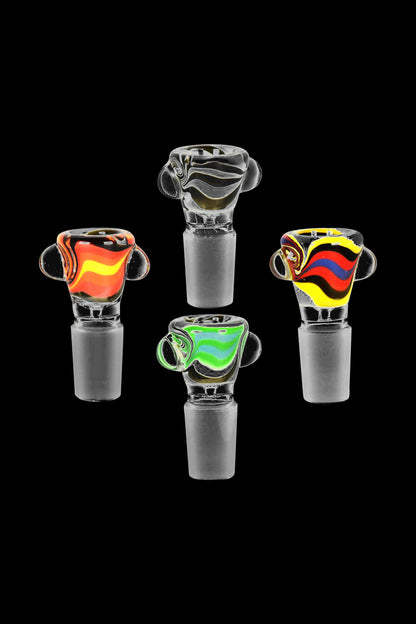 A close-up, angled view of the Sunrise Swirl Glass Bowl, showcasing its colorful swirl pattern and clear glass construction.