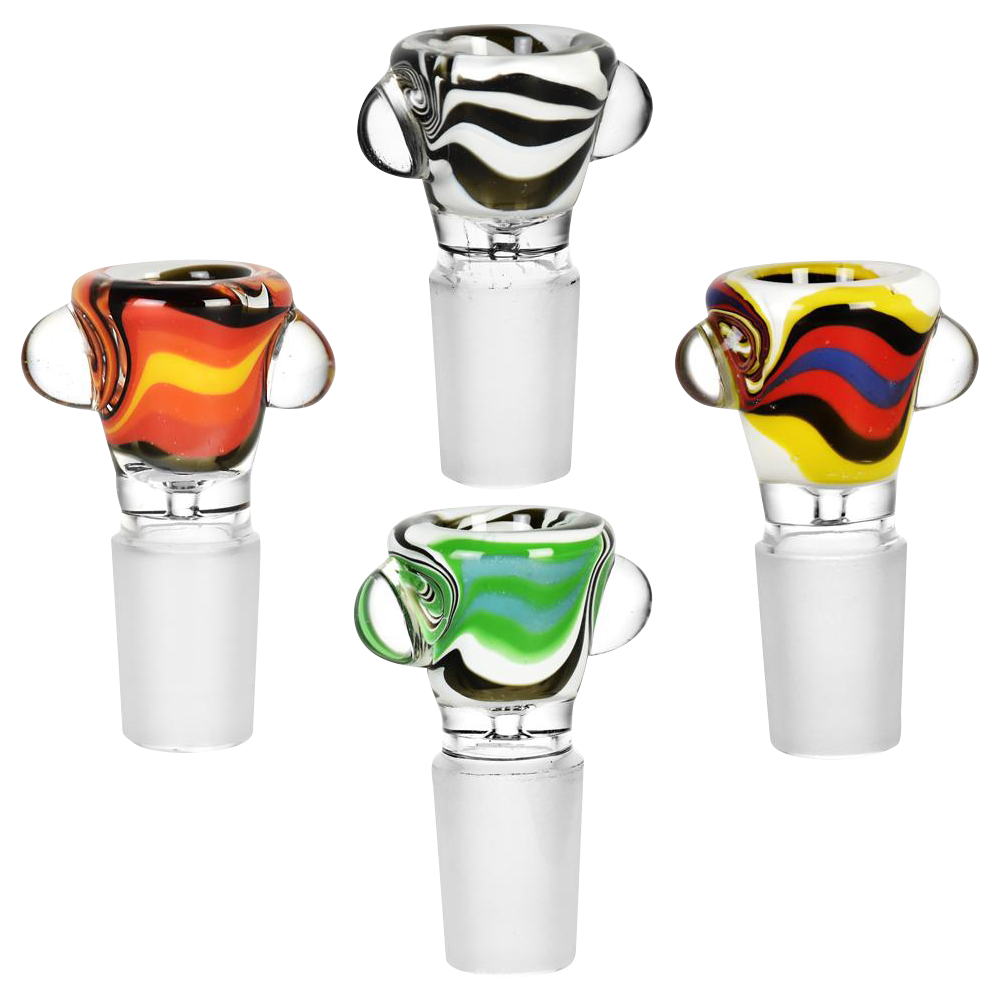 A close-up, angled view of the Sunrise Swirl Glass Bowl, showcasing its colorful swirl pattern and glass construction.