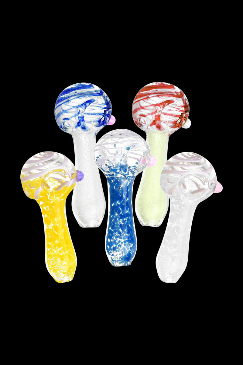 Front view of the Mystery Swirled & Fritted Spoon Pipe, showcasing a colorful, patterned glass design with a curved bowl and mouthpiece.