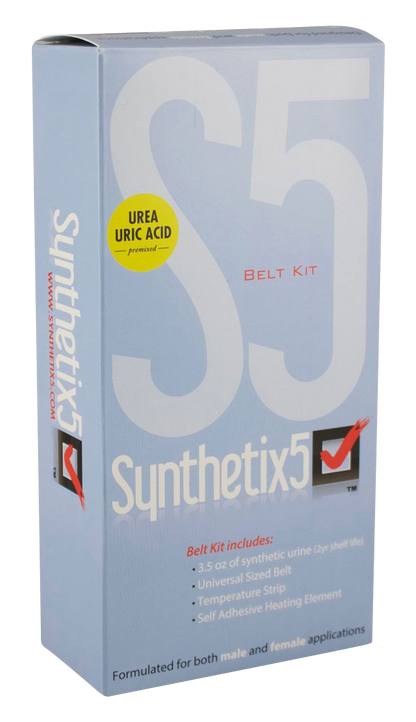 Front view of the Synthetix5 Fetish Urine Belt Kit, featuring bold text on a white background.