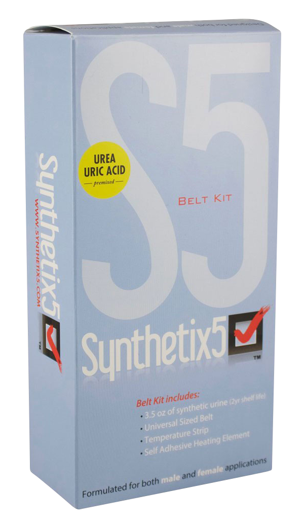 Front view of the Synthetix5 Fetish Urine Belt Kit, featuring bold text on a white background.