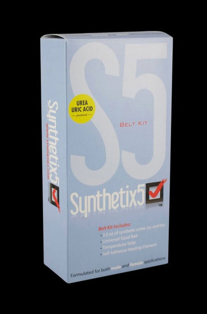 Front view of the Synthetix5 Fetish Urine Belt Kit, featuring text on a beige background with the logo displayed prominently.