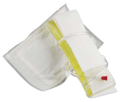 A slightly angled overhead shot of the Synthetix5 Fetish Urine Belt Kit, showing its clear plastic construction and contained liquid.