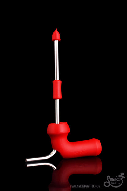 Red silicone nectar collector with a titanium tip, displayed against a black background.