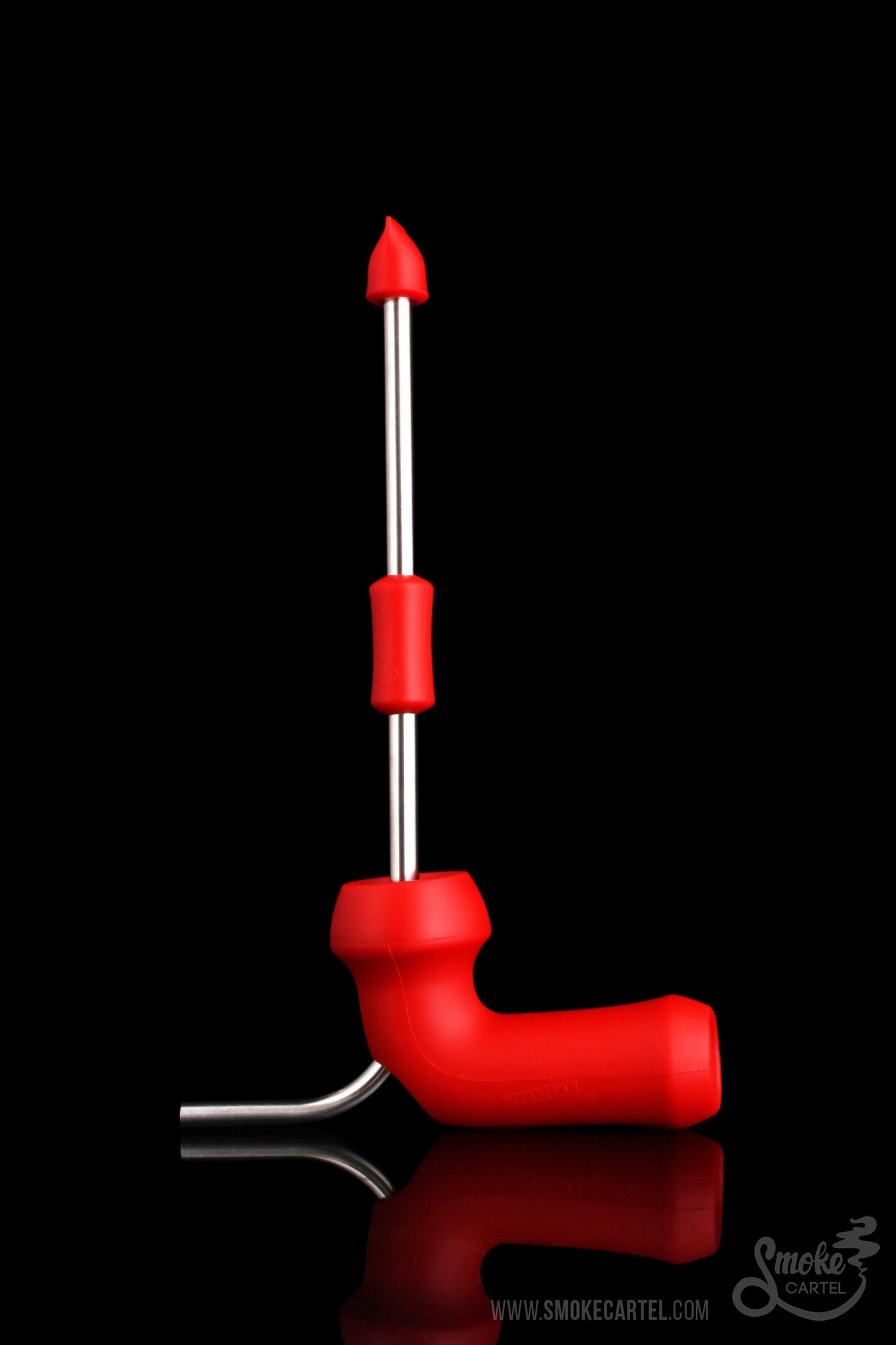 Red glass pipe with a long, slender mouthpiece and reflective surface.