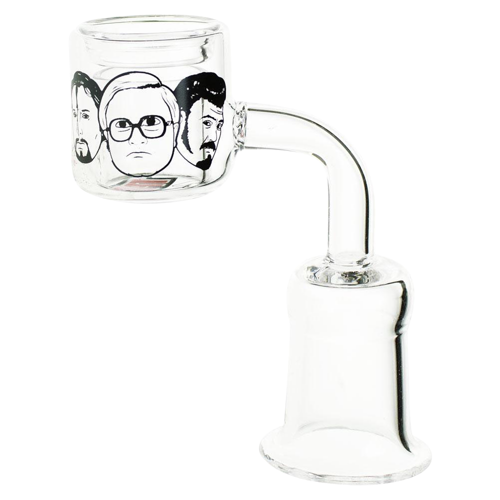 Close-up, angled view of the Trailer Park Boys Quartz Banger, showcasing its clear glass construction and simple, cylindrical shape.
