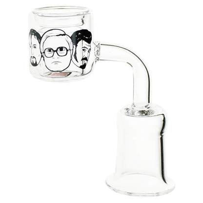 Close-up, angled view of the Trailer Park Boys Quartz Banger, showcasing its clear glass construction and simple, cylindrical shape.