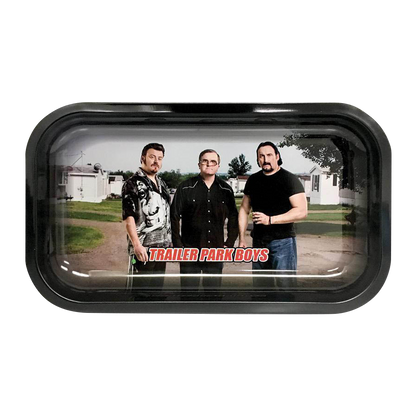 A top-down view of the Trailer Park Boys Classic Rolling Tray displaying a comical scene with characters from the show.