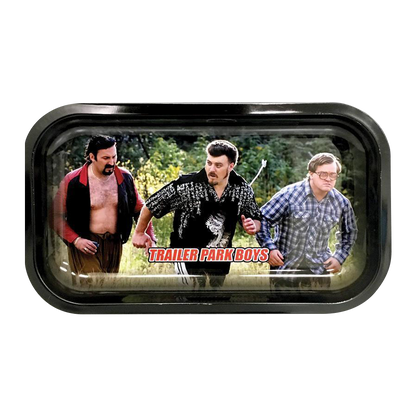 A top-down view of the "Trailer Park Boys "Hustle" Rolling Tray" featuring a humorous scene with characters from the show.