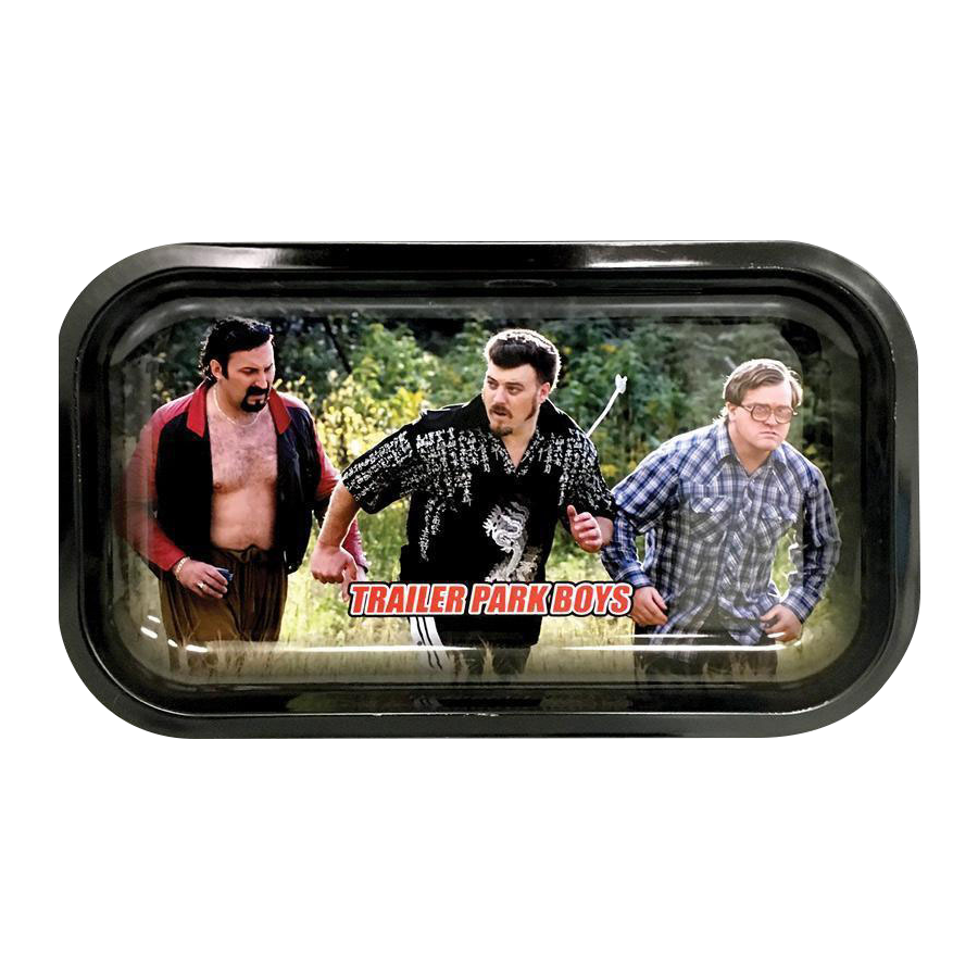A top-down view of the "Trailer Park Boys "Hustle" Rolling Tray" featuring a humorous scene with characters from the show.