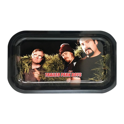 A top-down view of the “Trailer Park Boys “Clippings” Rolling Tray” featuring character portraits within a rectangular frame.