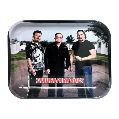 A slightly angled, close-up view of the Trailer Park Boys Classic Rolling Tray featuring characters from the series.