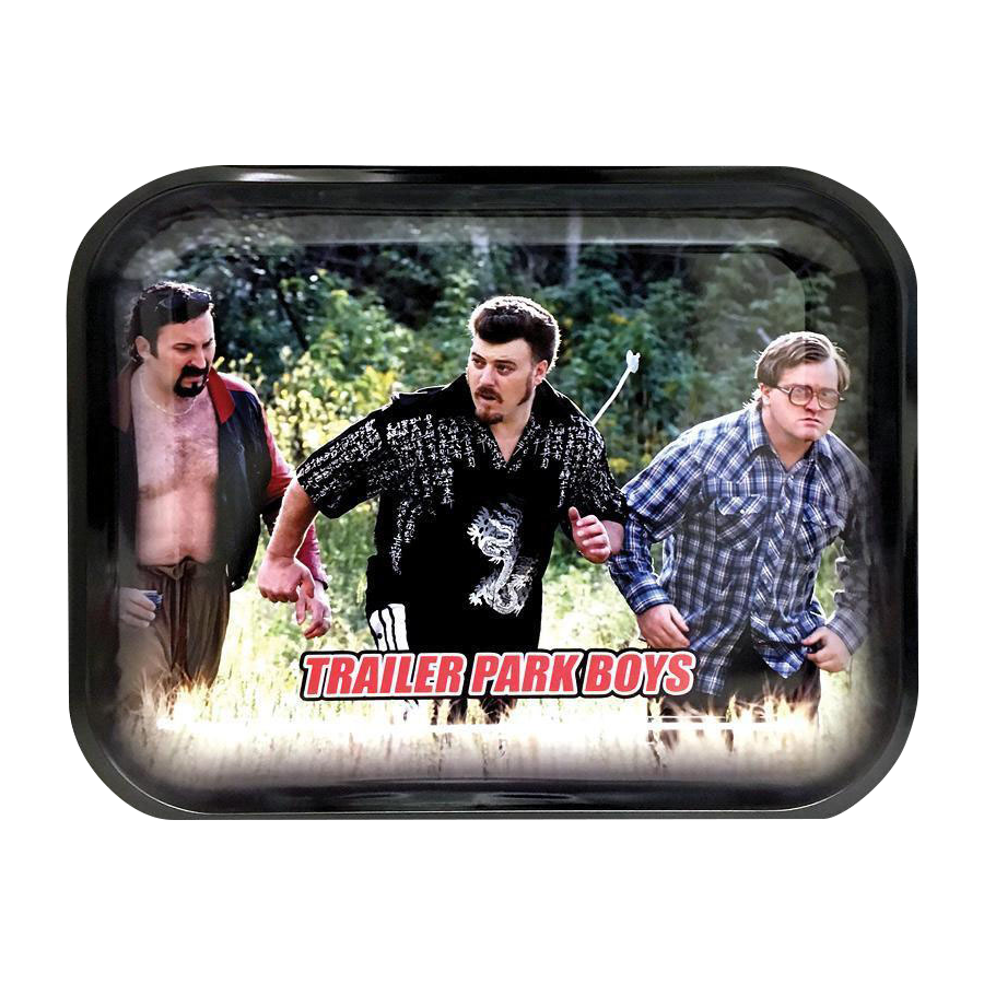A slightly angled overhead view shows the “Trailer Park Boys “Hustle” Rolling Tray” featuring a humorous scene of characters amid lush greenery.