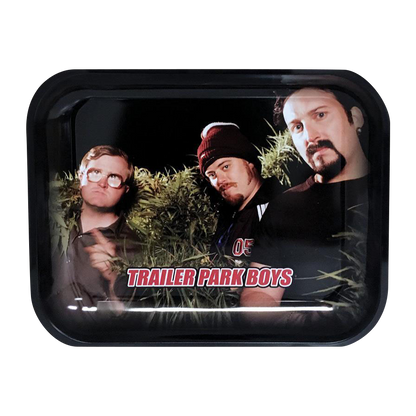 A top-down view of the “Trailer Park Boys “Clippings” Rolling Tray” featuring a collage of characters amidst a dark, textured background.