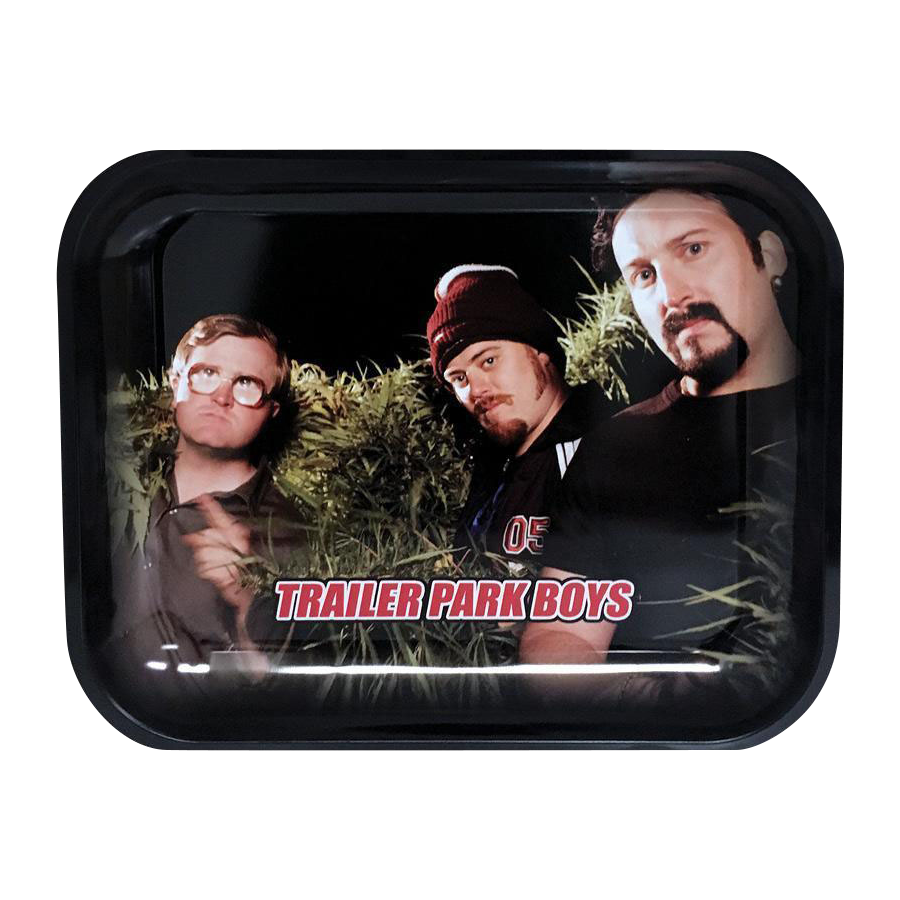 A top-down view of the “Trailer Park Boys “Clippings” Rolling Tray” featuring a collage of characters amidst a dark, textured background.