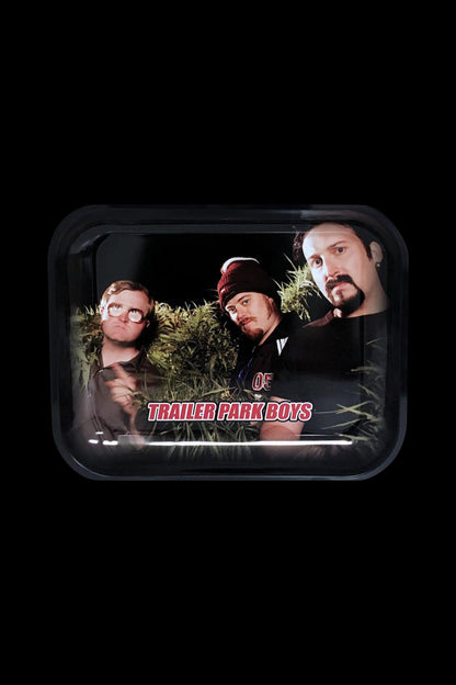 A close-up, top-down view of the “Trailer Park Boys ‘Clippings’ Rolling Tray” featuring a character’s face on a dark background.