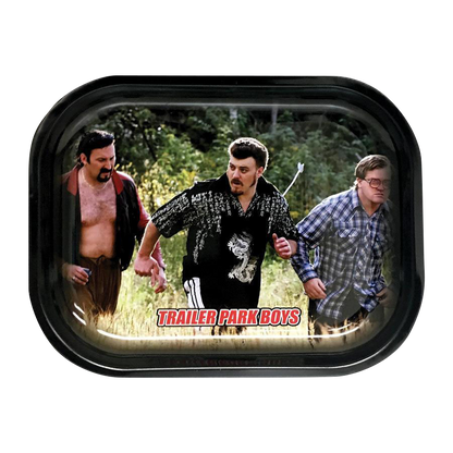 A slightly angled view of the “Trailer Park Boys “Hustle” Rolling Tray” showcases a character in a patterned shirt against a blurred background.