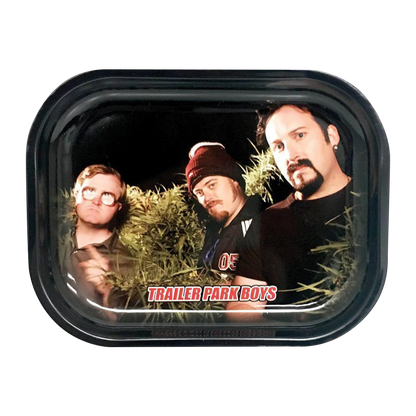 Front view of the “Trailer Park Boys “Clippings” Rolling Tray” displaying a photo of Ricky with a black background.