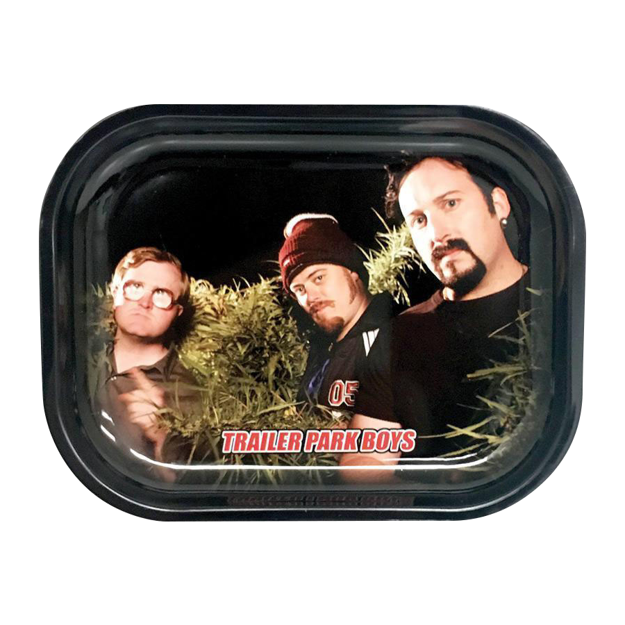 Front view of the “Trailer Park Boys “Clippings” Rolling Tray” displaying a photo of Ricky with a black background.