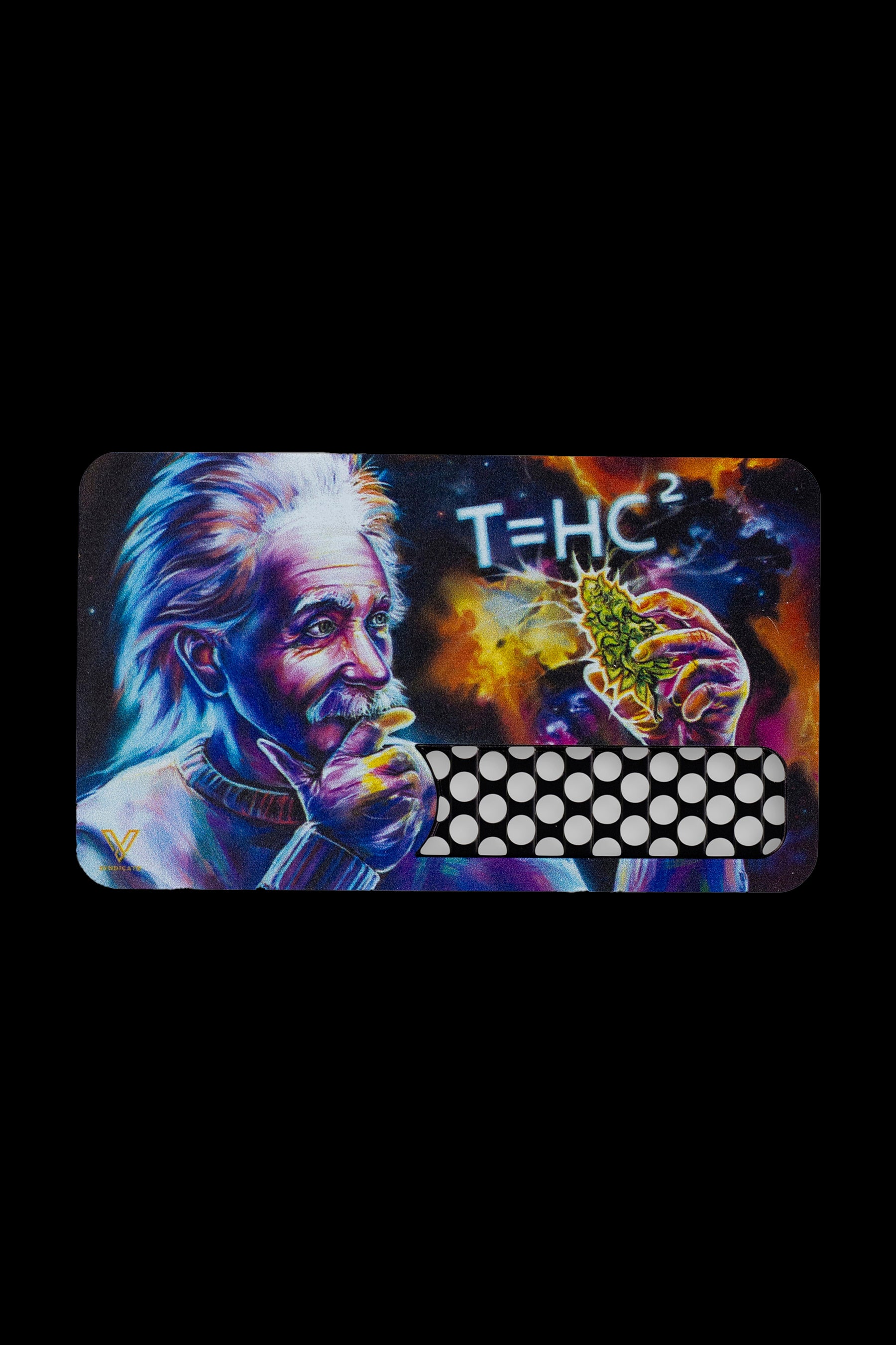 A vibrant, colorful tray depicting Albert Einstein with a glowing cannabis bud and the equation “T=HC²” superimposed, likely used for cannabis accessories.