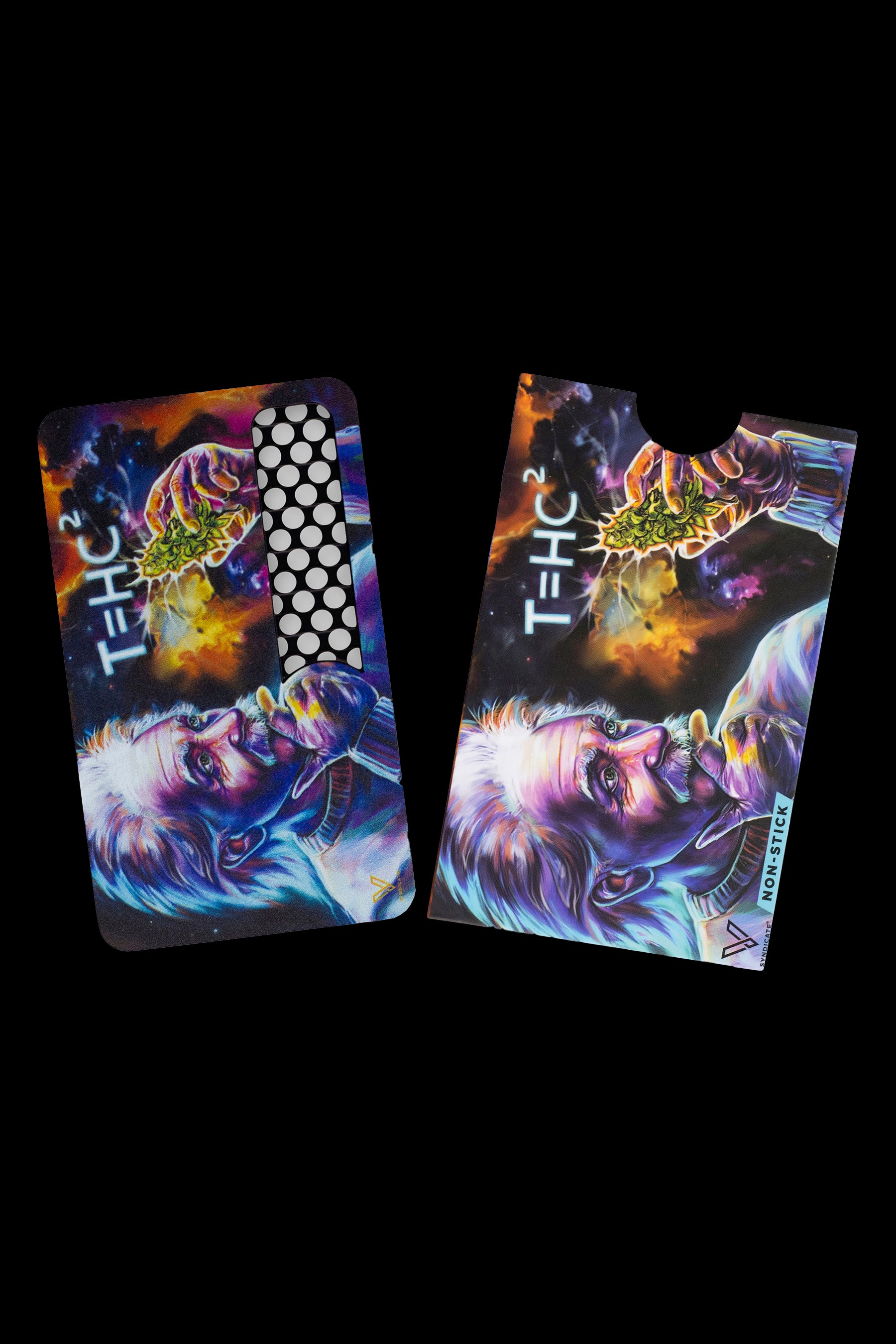 Two cannabis rolling tray designs featuring colorful, psychedelic artwork of a fox head with floral elements and the text “THC²”.