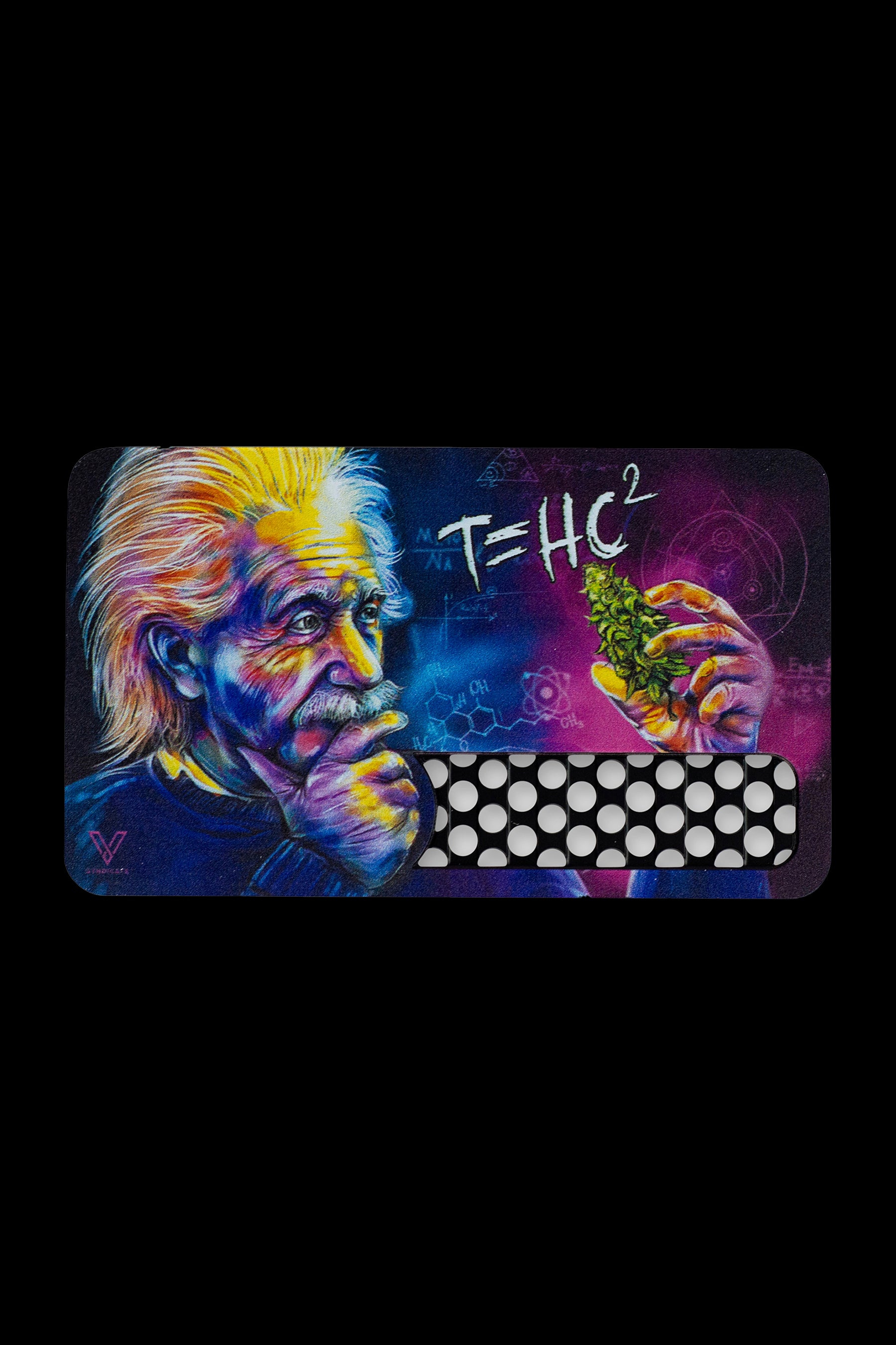 Colorful mat featuring Albert Einstein and cannabis imagery, including a marijuana bud and chemical formulas, with a perforated section for rolling papers.