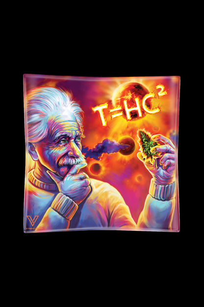 A colorful, artistic glass ashtray featuring a portrait of Albert Einstein smoking, with the equation “T=HC²” and a cannabis bud incorporated into the design.