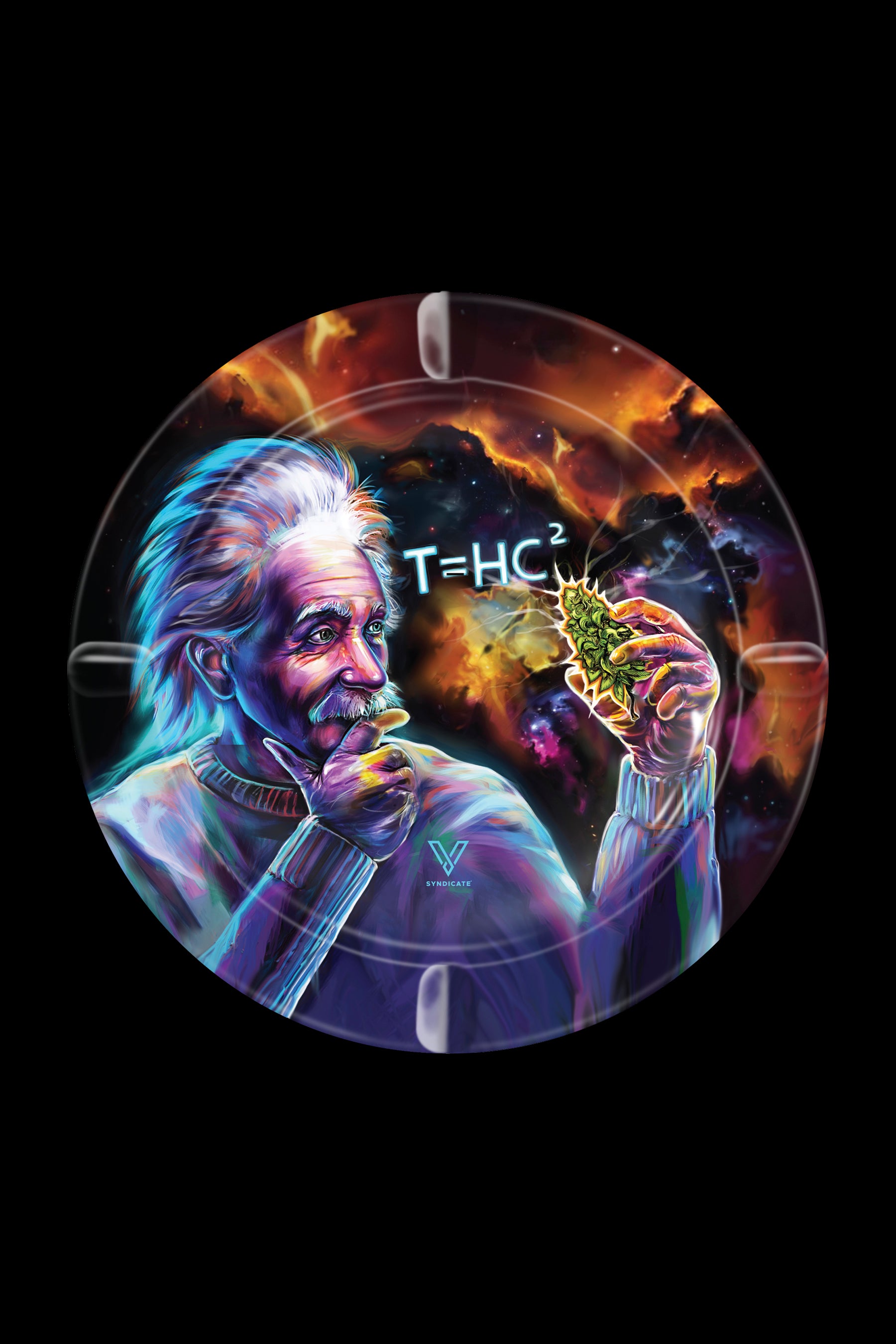 Digital painting of Albert Einstein holding a cannabis bud with the equation "T=HC²" overlaid on a nebula background, promoting cannabis accessories.