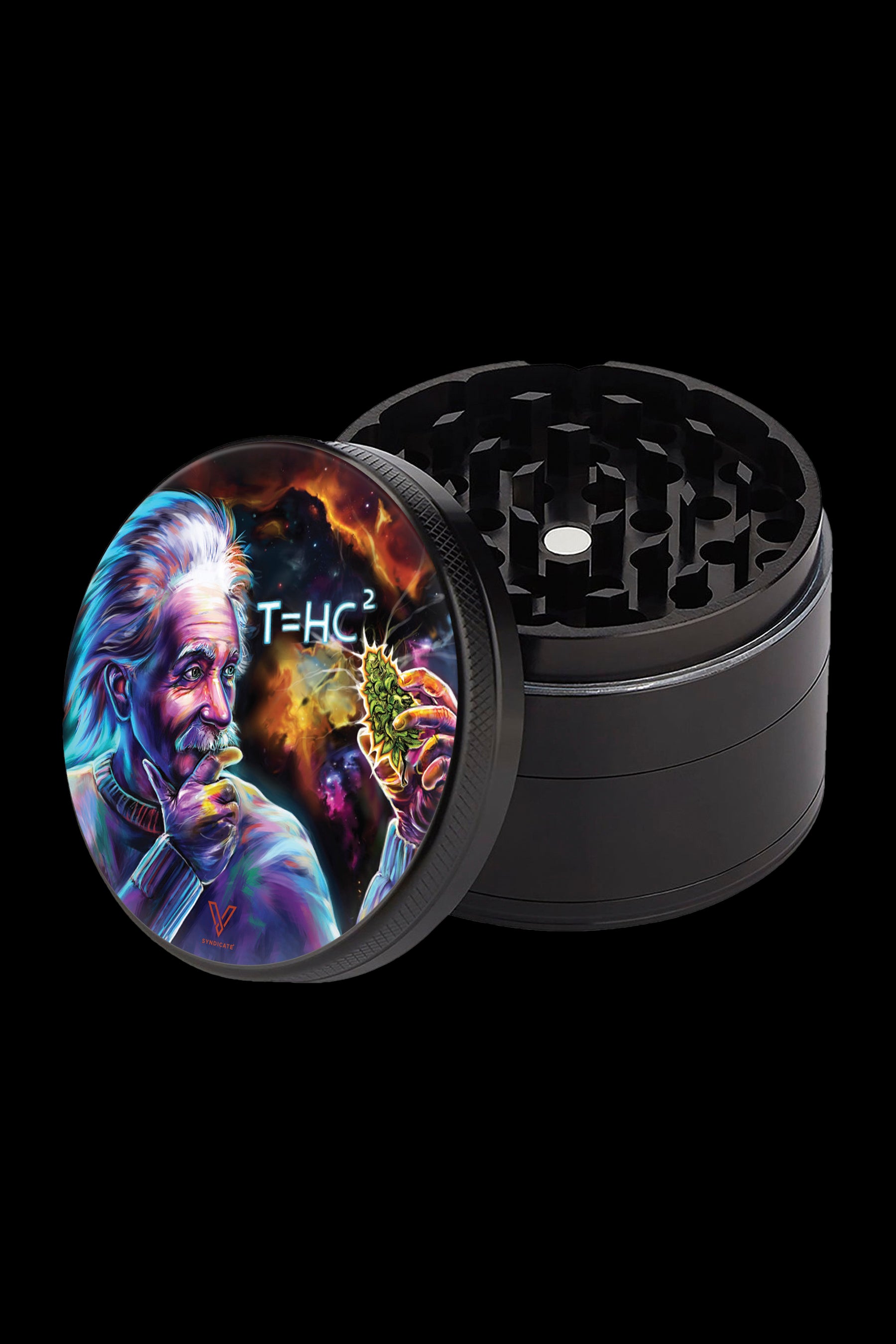 A black four-piece grinder with a lid featuring a digital illustration of Albert Einstein holding a cannabis bud and the equation “T=HC²”.