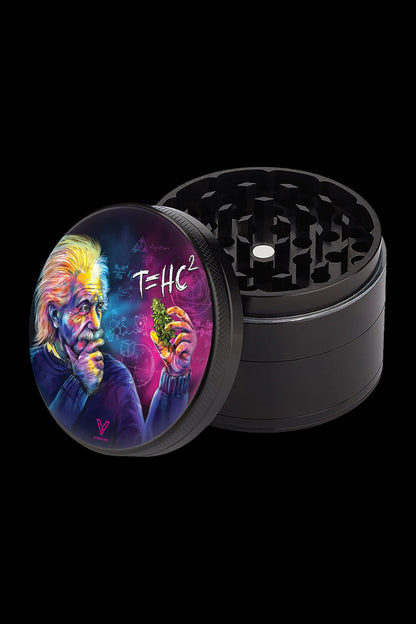 Cannabis grinder featuring a vibrant, artistic depiction of Albert Einstein with cannabis leaves and the equation "E=THC²" on a colorful, swirling background.