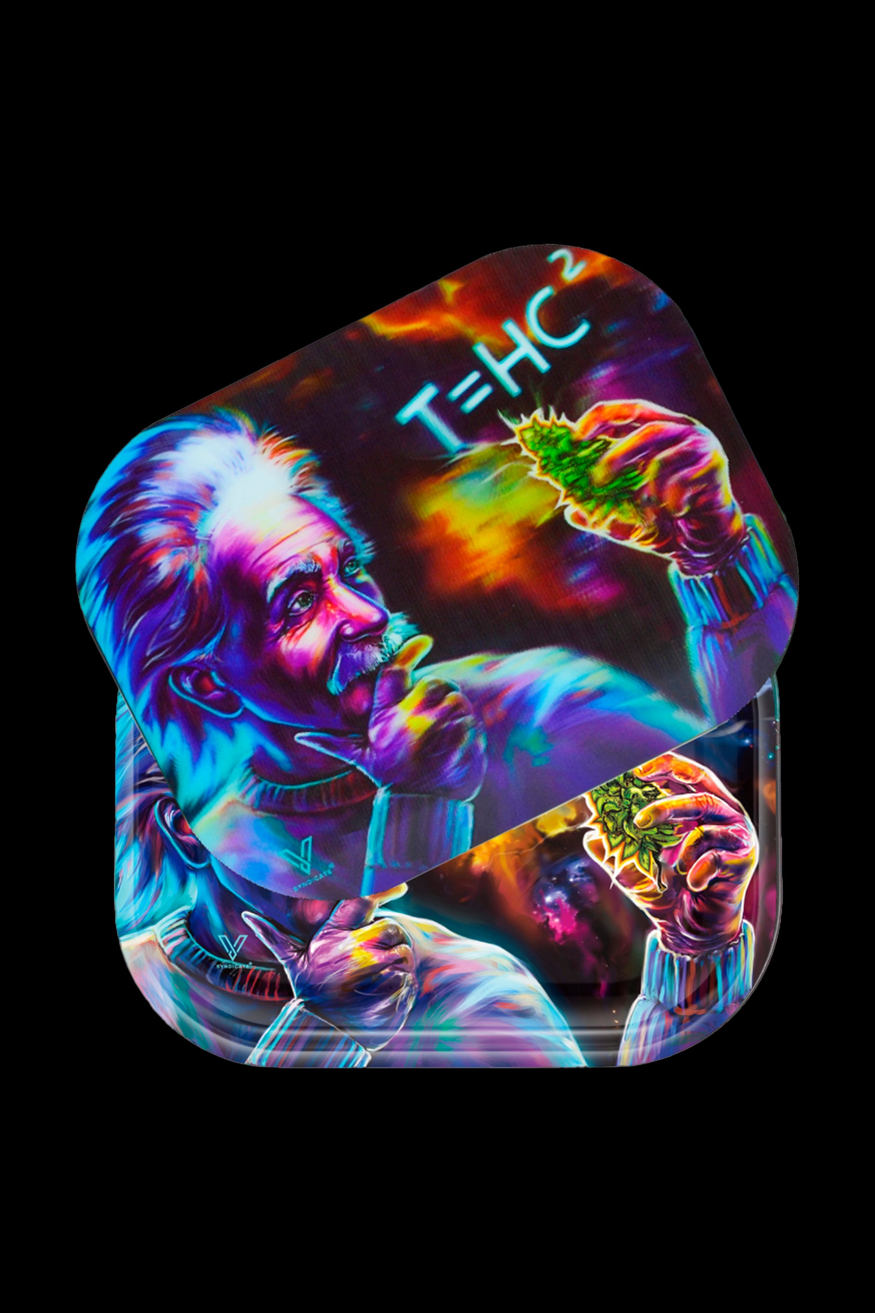 Rolling tray featuring a vibrant, psychedelic portrait of Albert Einstein holding cannabis buds with the equation "E=MC²" playfully altered to "T=HC²".