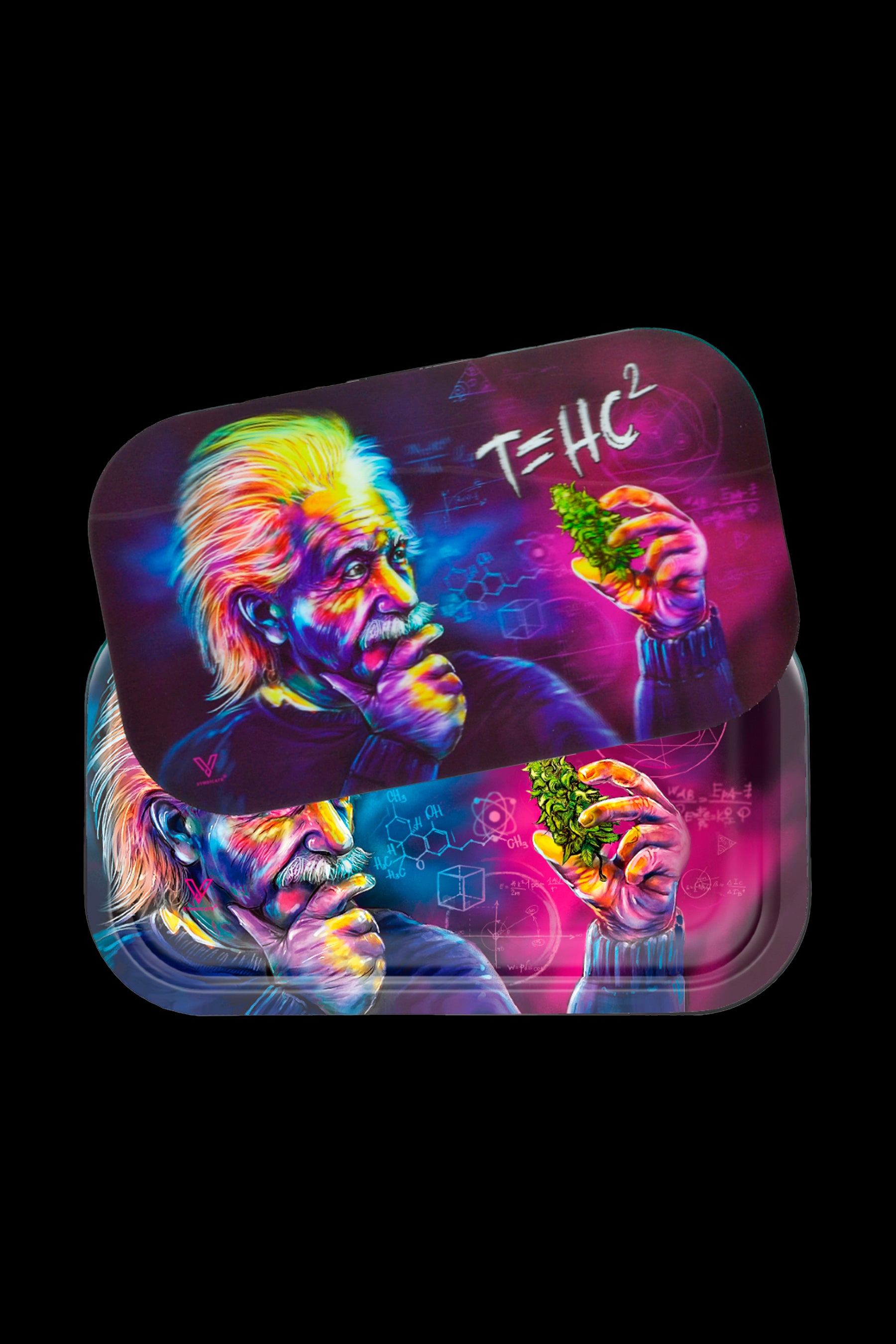 Colorful metal rolling tray featuring a psychedelic portrait of Albert Einstein holding and contemplating cannabis buds, with scientific formulas and diagrams in the background.