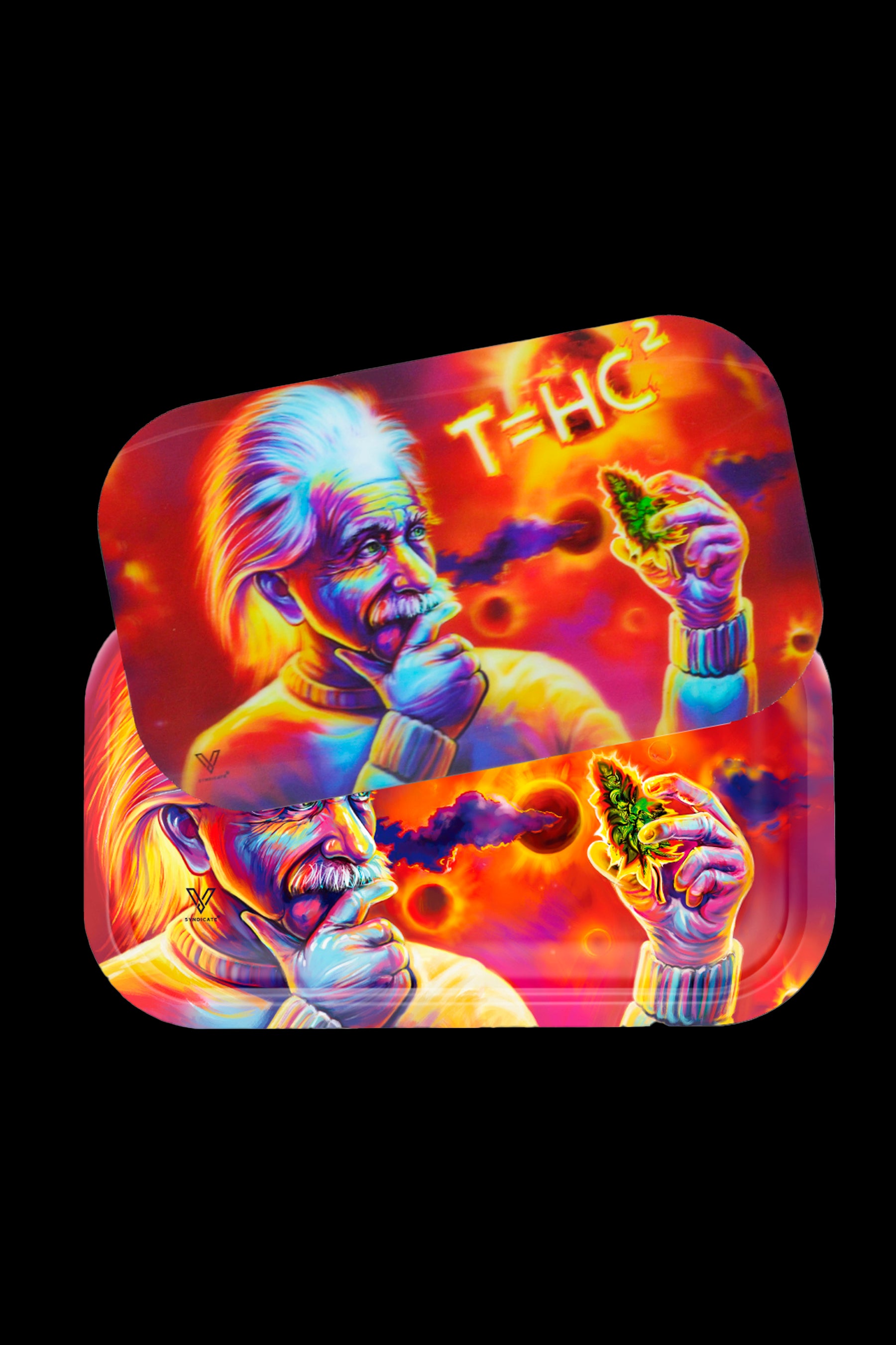 Colorful rolling tray depicting Albert Einstein with cannabis buds and the equation “T=HC²”.