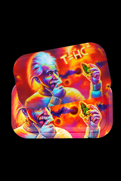 Colorful rolling tray depicting Albert Einstein with cannabis buds and the equation “T=HC²”.