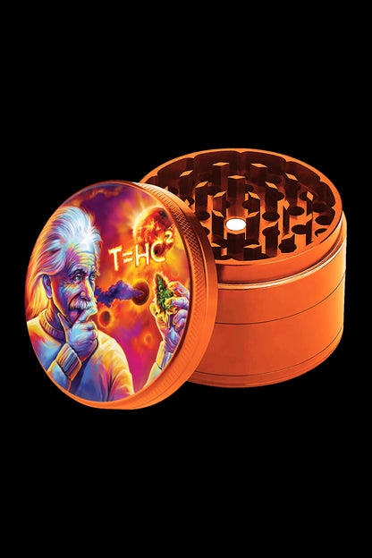 Orange four-piece cannabis grinder with an image of Albert Einstein and a cannabis leaf with the equation "T=HC²" on the lid.