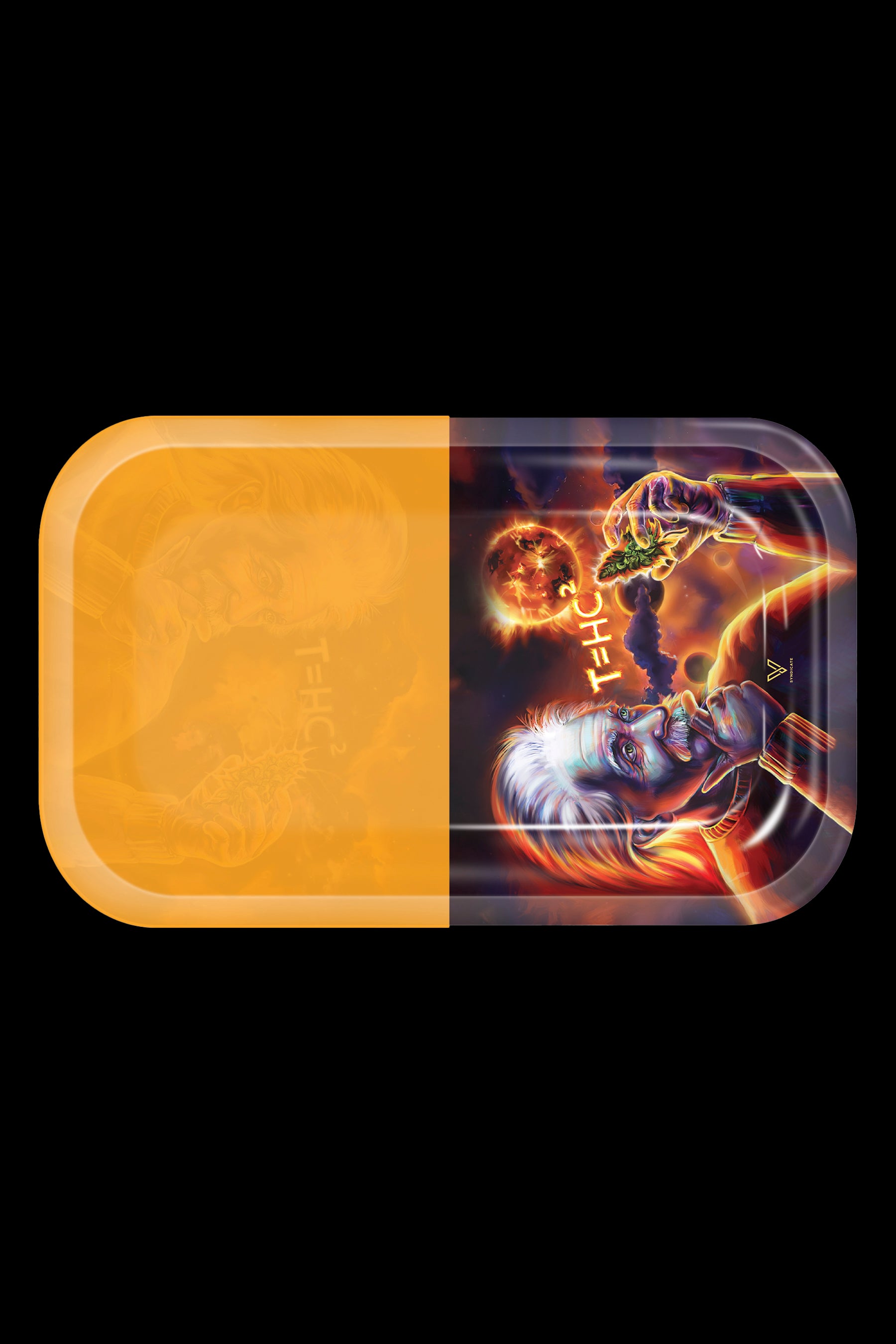 Rectangular metal rolling tray with a vibrant, artistic design featuring a colorful, fantastical creature and the text “THC”.