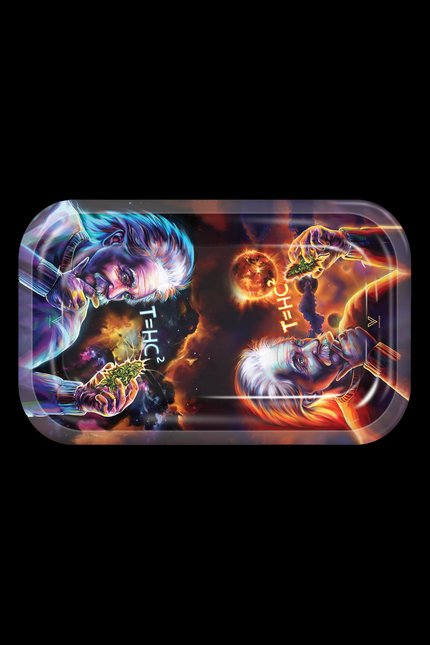 A rectangular rolling tray featuring a cosmic, psychedelic design with a face surrounded by nebulas and holding cannabis buds.