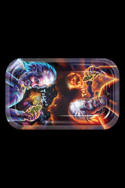 A rectangular rolling tray featuring a cosmic, psychedelic design with a face surrounded by nebulas and holding cannabis buds.