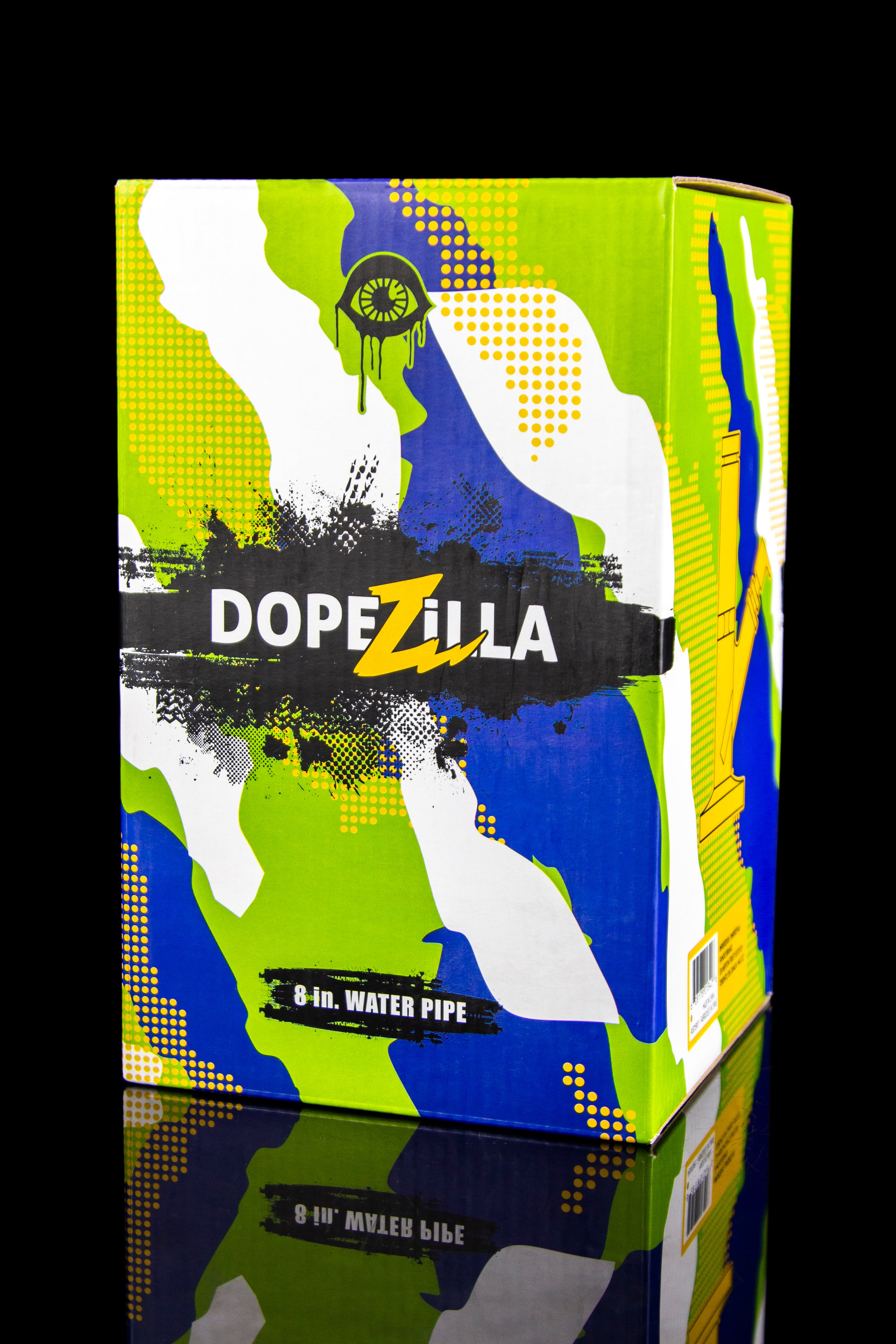 Colorful packaging for a “Dopezilla” 8-inch water pipe, featuring a stylized eye design and camouflage pattern.