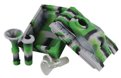 Front view of the "Toke Tank" Silicone Molded Tank Bong, showcasing its textured green design and a separate mouthpiece component.