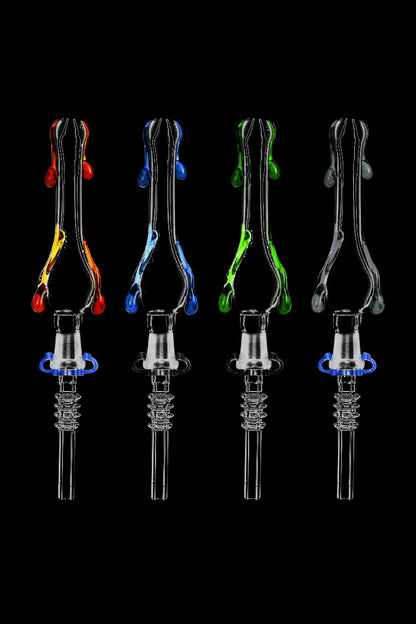 A close-up, angled view of The Drip Terp Drip Dab Straw Collector, showcasing its sleek, glass design against a black background.