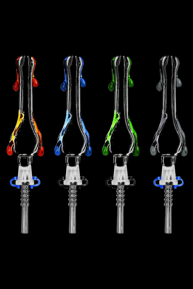 A straight-on shot of the Terp Drip Dab Straw Collector - The Drip, with colorful liquid accents and a simple, elongated design.