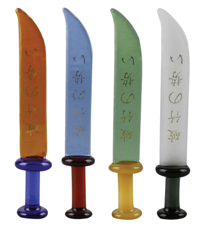 A close-up studio shot of The God of War Glass Dabber Tool, showcasing its detailed, curved glass design on a plain background.